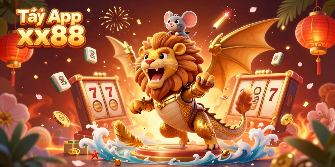Tải App xx88 with a dazzling golden chimera and dynamic gaming elements in a vibrant casino scene.