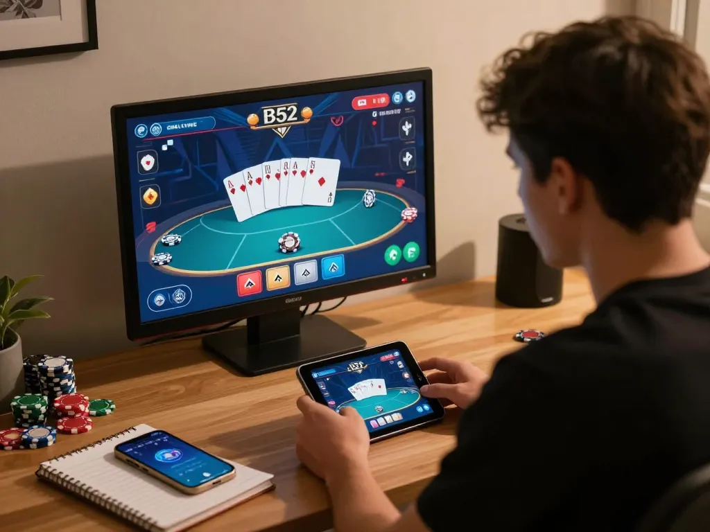Player enjoying B52 poker app on tablet with vibrant game interface and strategic notes
