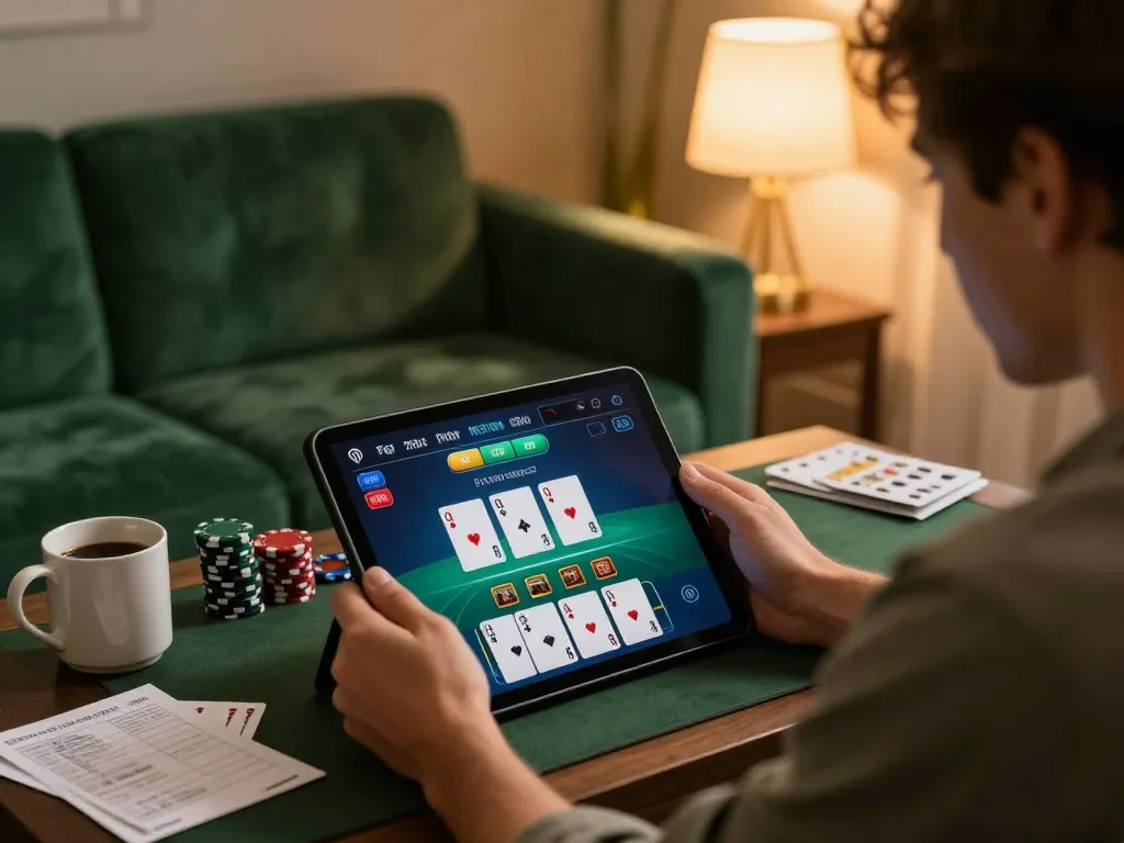 Engaging in a live dealer game of blackjack on 79win, surrounded by strategic notes and a cozy atmosphere.
