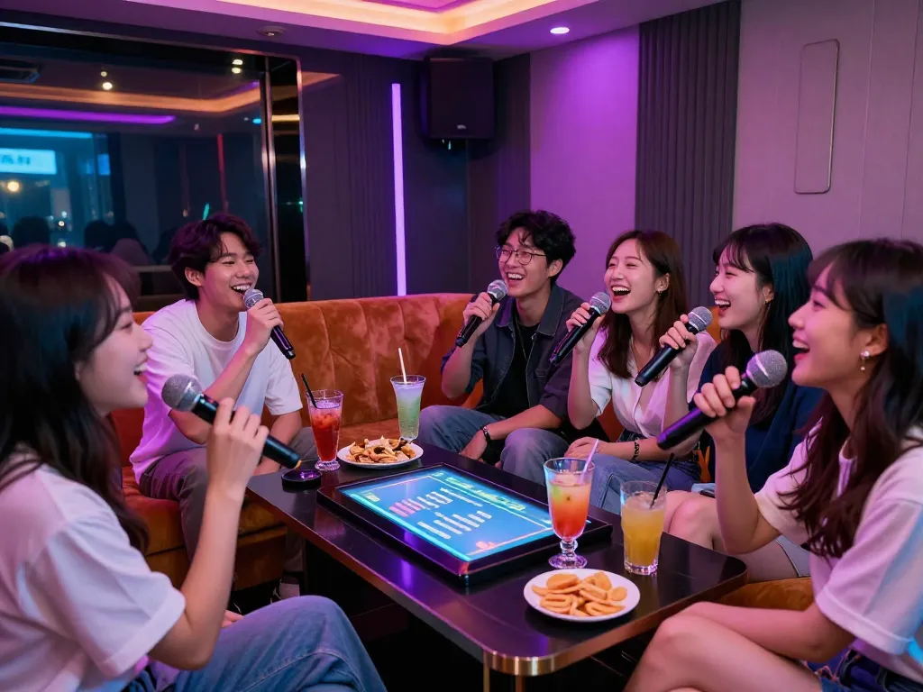 친구들과 함께하는 활기찬 인천쓰리노 노래방 분위기, 음료와 화려한 조명 연출.
