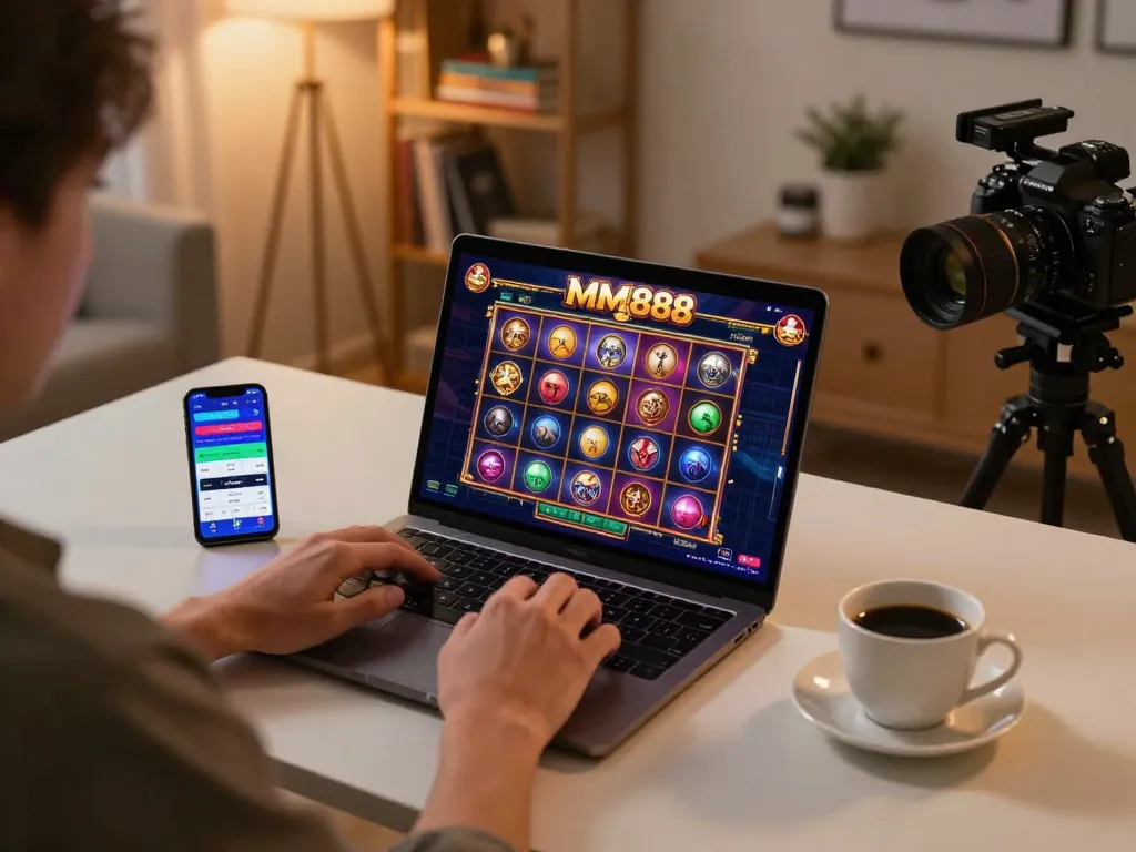 Player enjoying a dynamic slot game experience on MM88 with a modern gaming setup.