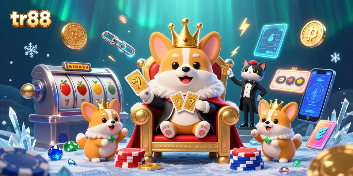 Engage in thrilling tr88 action with a royal corgi on a poker chip throne surrounded by vibrant casino elements.
