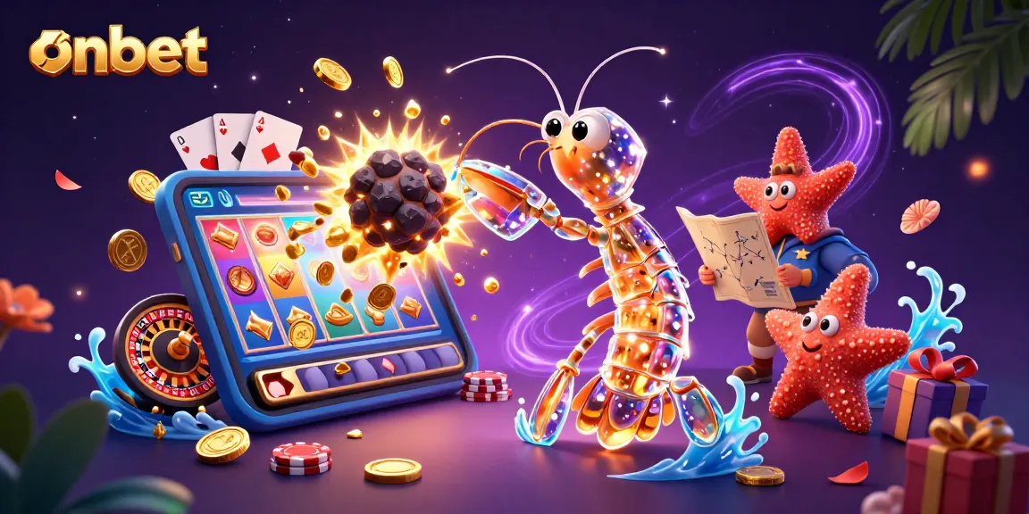 Experience thrilling gaming action at onbet with a vibrant 3D casino illustration showcasing an enchanting mantis shrimp.
