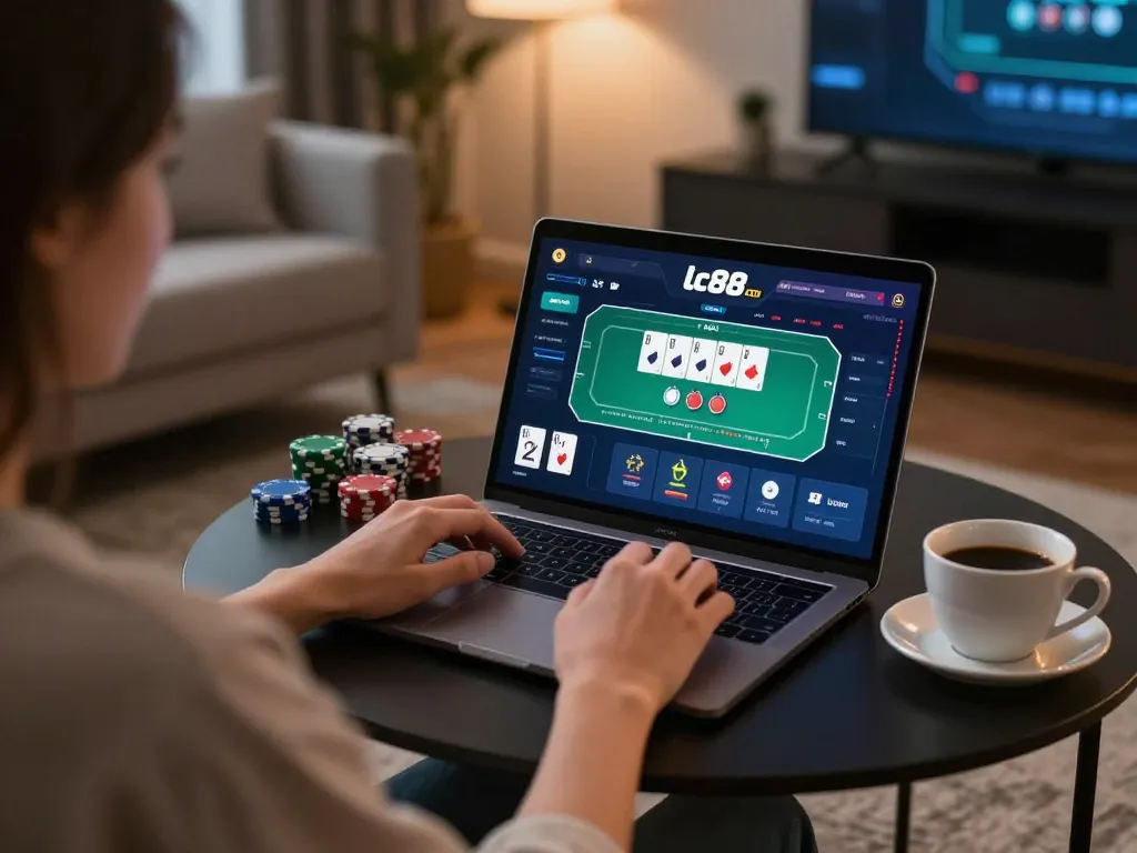 Engaging gameplay on lc88 com showing poker action and player focus in a cozy setting