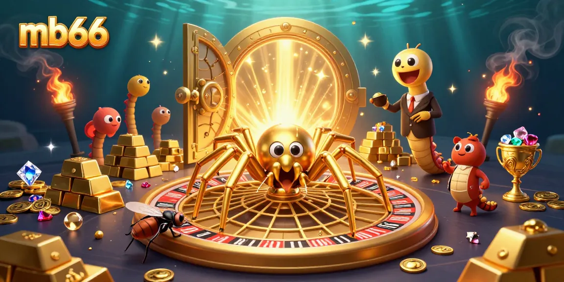 Engage in thrilling games at mb66, a vibrant casino scene with golden elements and animated characters.