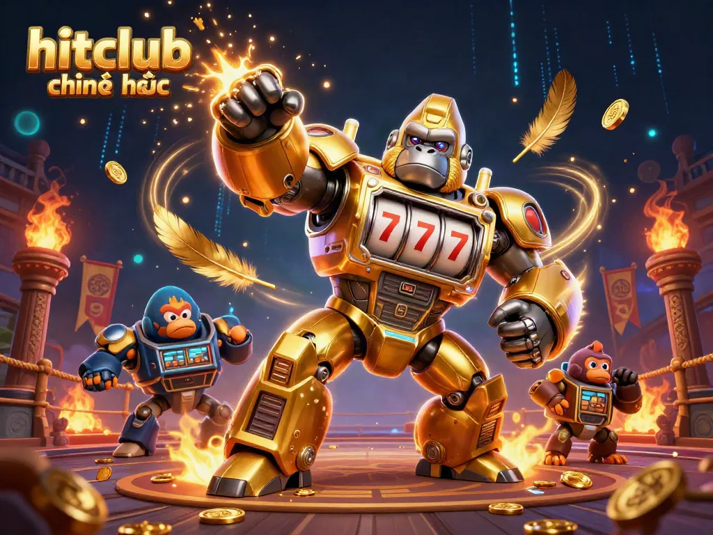 Hitclub chính thức showcases a dynamic 3D gorilla mech amidst a vibrant casino scene, celebrating gaming.