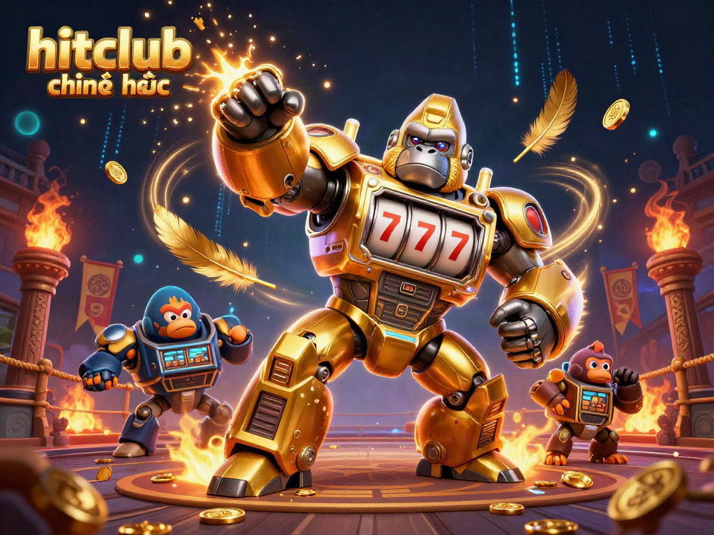 Hitclub chính thức showcases a dynamic 3D gorilla mech amidst a vibrant casino scene, celebrating gaming.