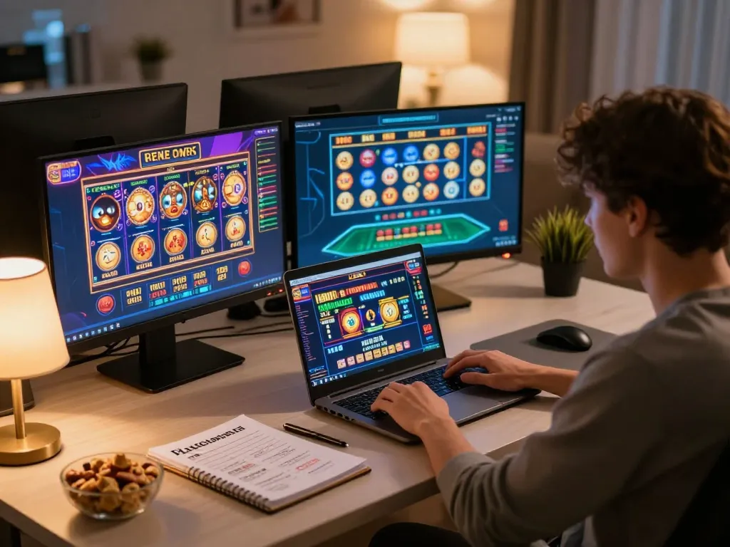 Player enjoying RR88 online slot games at a home gaming setup, showcasing vibrant interface and cozy atmosphere.