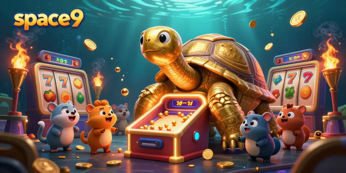 Spin to win at space9 with a vibrant scene showcasing a golden tortoise pinball machine and joyful animal players.