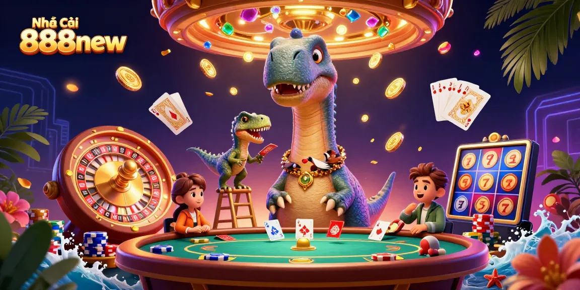Engage at Nhà cái 888new with a vibrant 3D casino scene including dinosaurs and poker action.