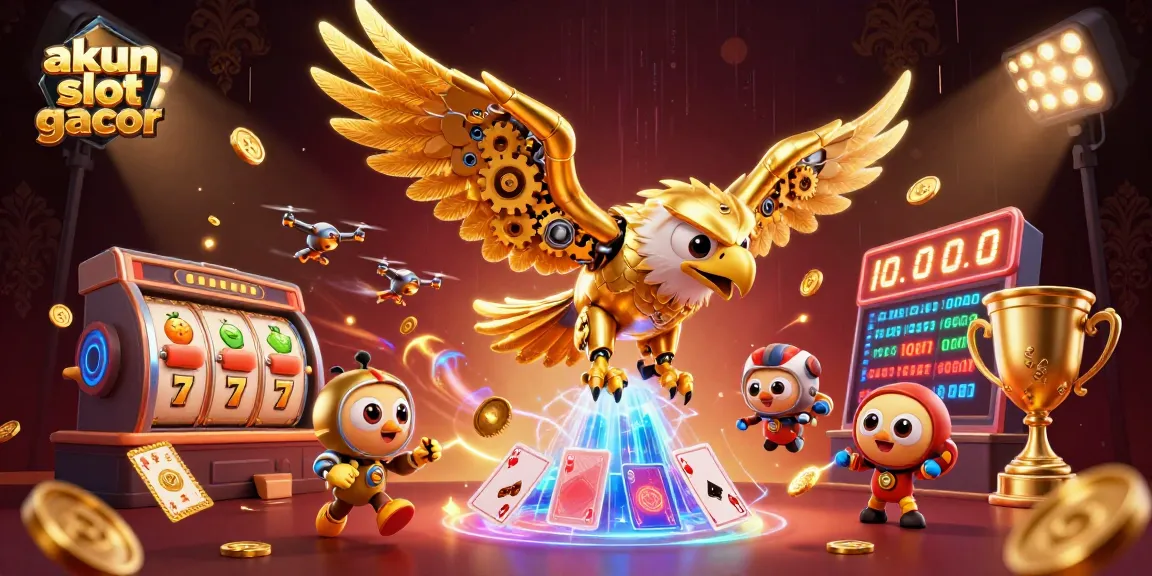 Engage with akun slot gacor through a dynamic scene featuring a golden eagle and thrilling casino elements.
