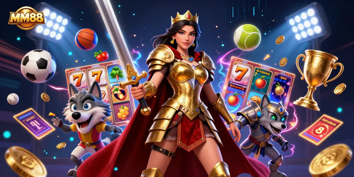 Experience the thrill of MM88 with a warrior queen and her wolf companion amidst dynamic casino elements.