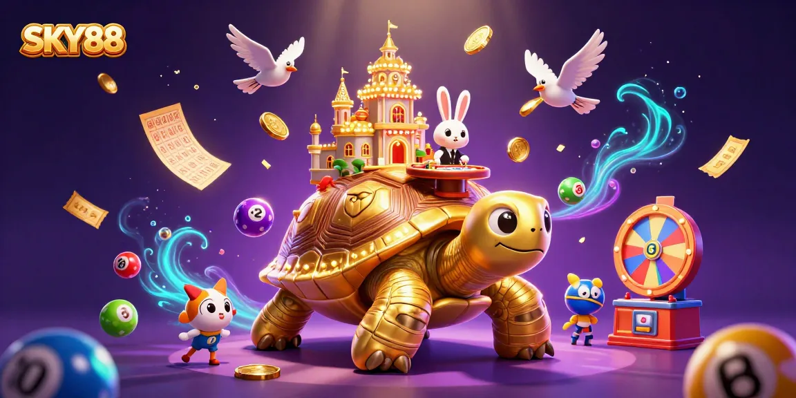SKY88 features a vibrant 3D casino scene with a golden tortoise and dynamic lottery elements