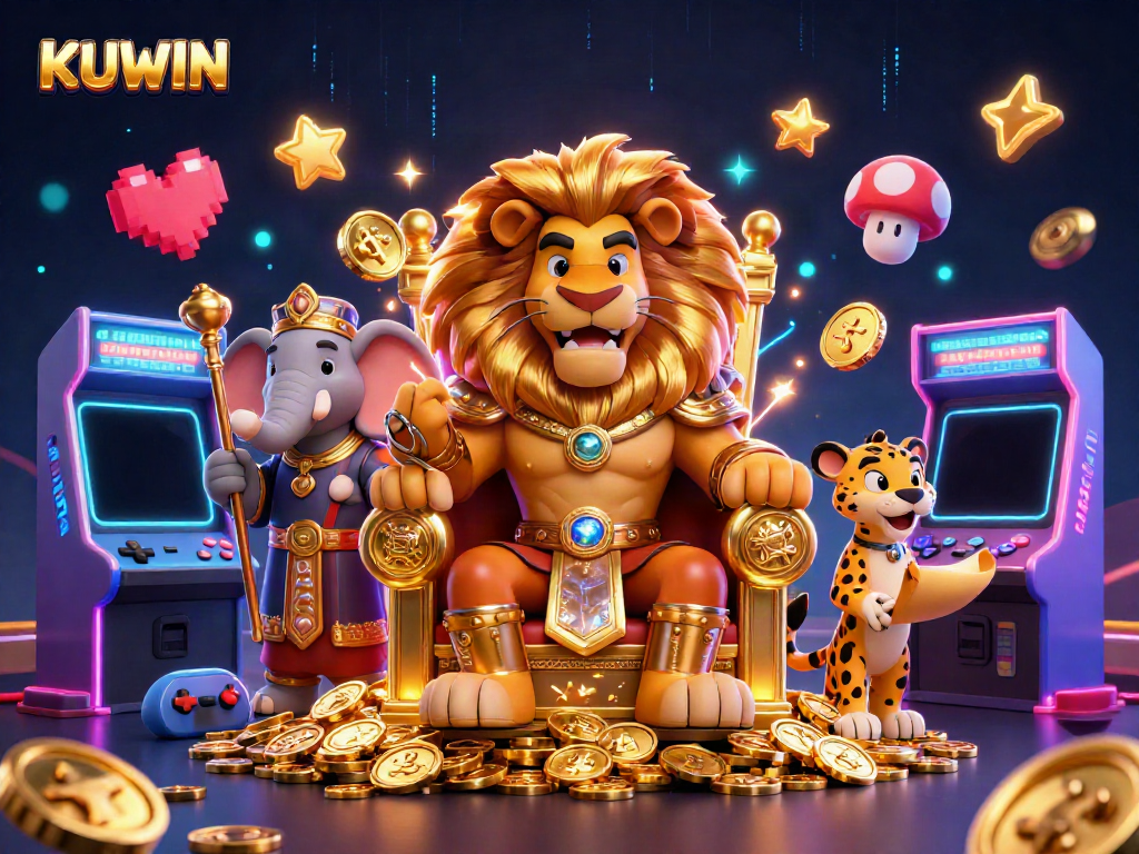 Experience the thrill at KUWIN with a vibrant casino scene featuring a regal lion king, wise elephant, and swift cheetah.