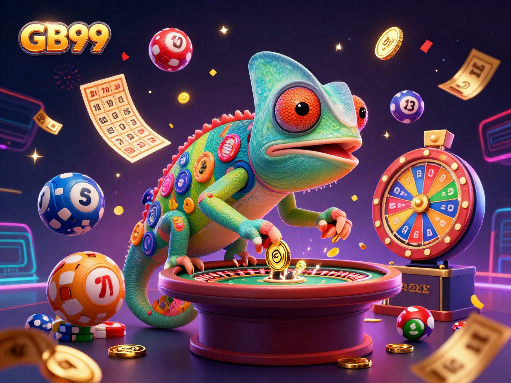 Engage in thrilling games at GB99 with vibrant visuals of the chameleon casino owner capturing excitement and fun.
