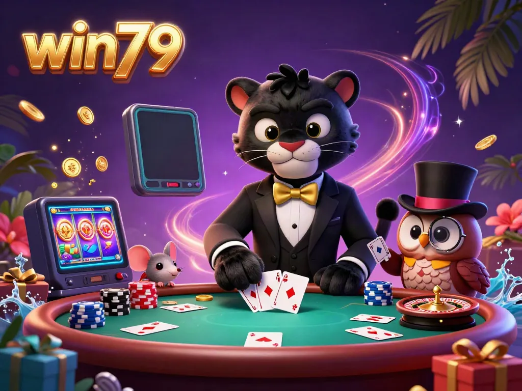 Win79's stylish gaming scene with a black panther dealer, owl with poker chips, and a lucky mouse amid vibrant casino elements.