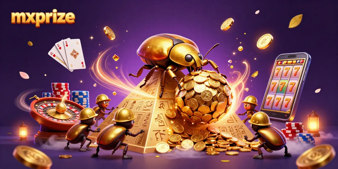 Experience gaming adventures with mxprize as a golden beetle rolls coins in an enchanting casino.