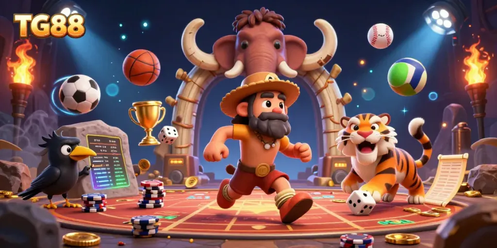 Experience the thrills of TG88 at a prehistoric casino with unique characters and dynamic games.