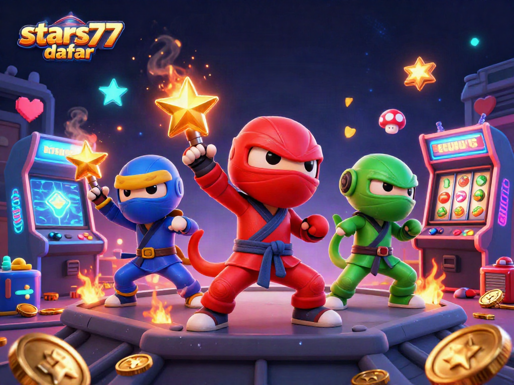 Permainan menarik di stars77 daftar dengan karakter ninja chameleon dan mesin slot berwarna-warni.
