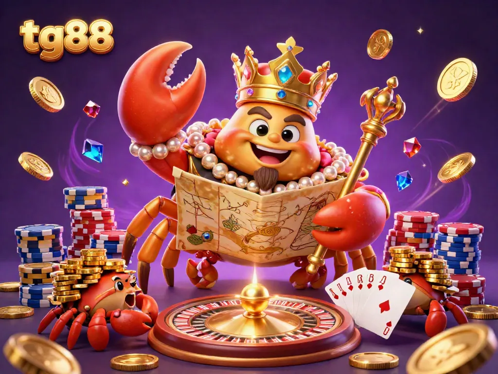 Engage players with the vibrant world of tg88, featuring a golden crab emperor amid dazzling casino elements.