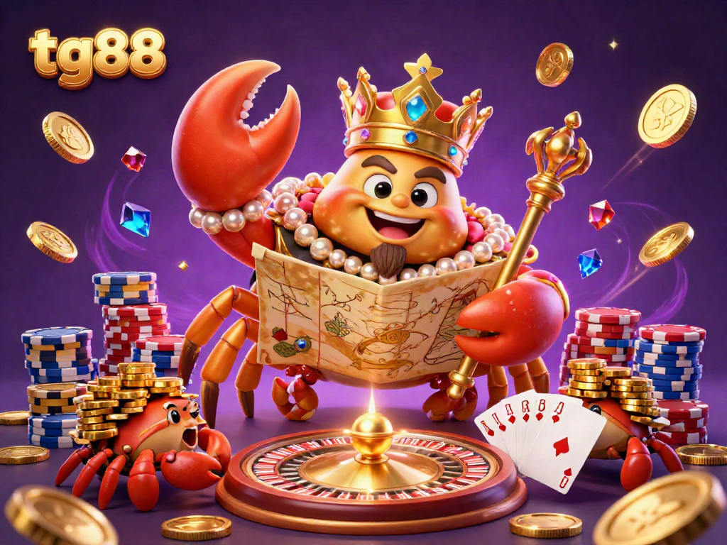 Engage players with the vibrant world of tg88, featuring a golden crab emperor amid dazzling casino elements.
