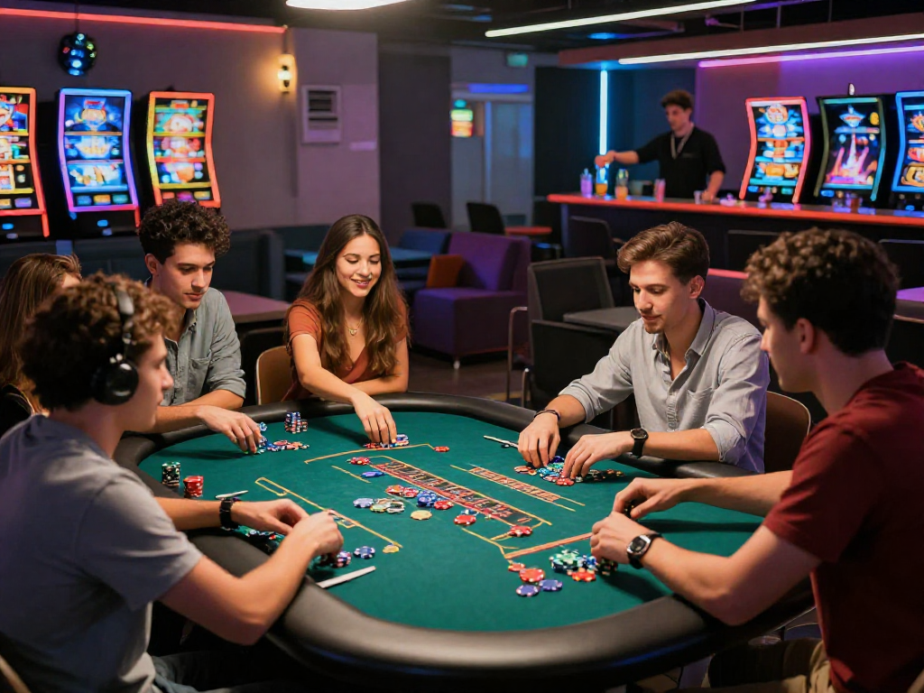 Giocatori sorridenti in un casinò con siti non AAMS sicuri, immersi nei giochi da tavolo.