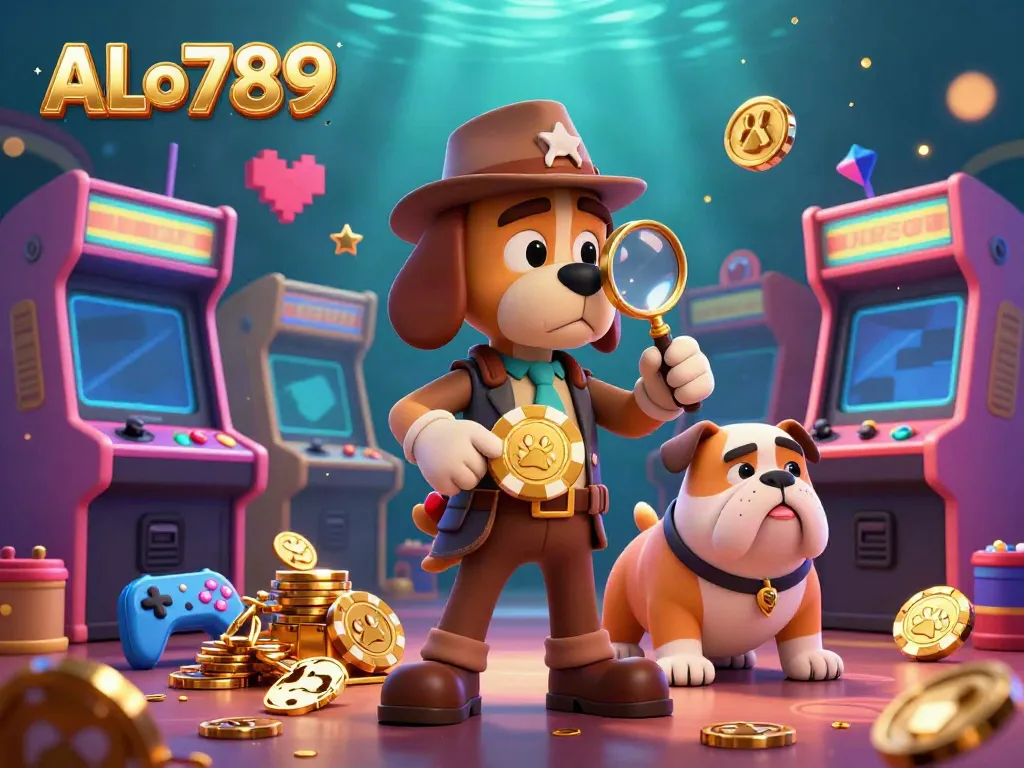 Experience thrilling ALo789 action as a detective and bulldog search for treasure among vibrant casino elements.