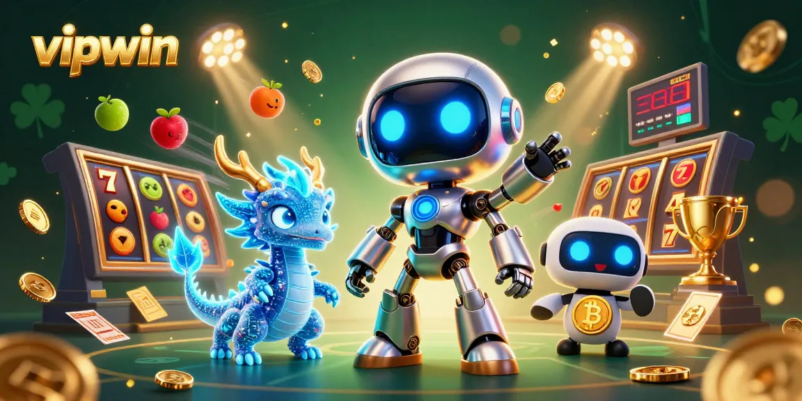 Engage with vipwin gaming excitement featuring a cyberpunk robot, AI dragon, and bitcoin drone.