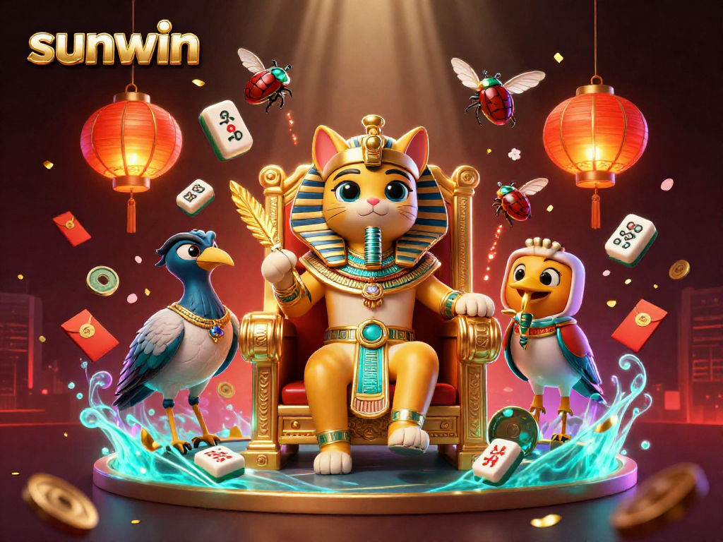 Experience exciting gaming at Sunwin with dynamic symbols and characters in a vibrant casino scene.