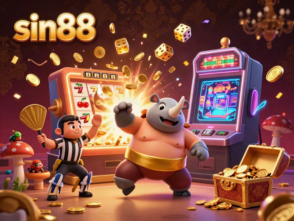 Experience thrilling slots action with sin88 as a sumo beetle champion and a referee oversee a dynamic casino scene.