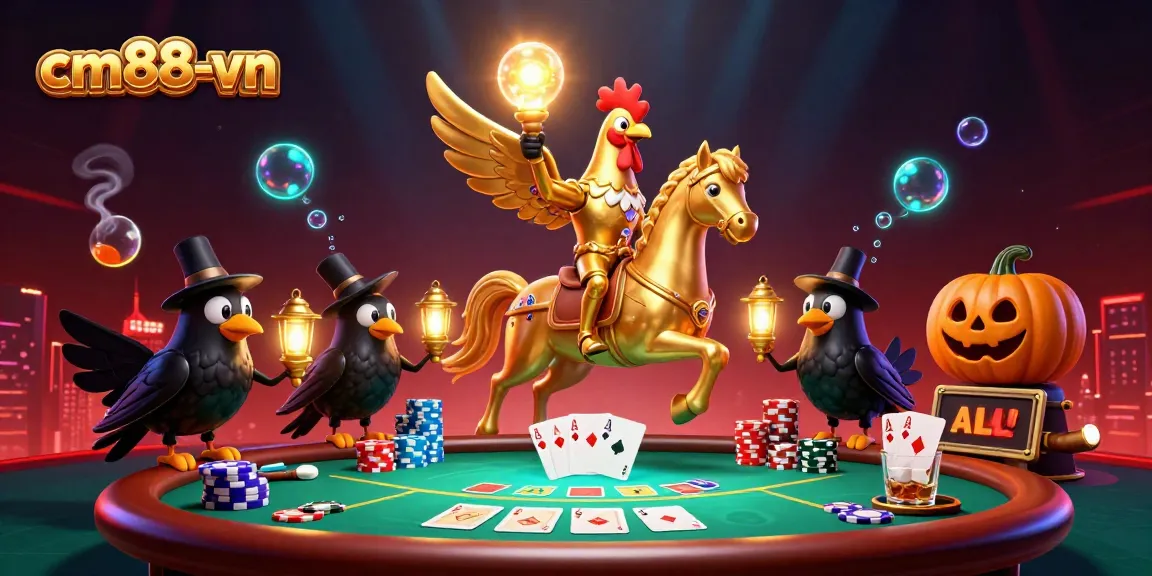 Engage in thrilling games at cm88-vn with the golden rooster and crow companions in a dynamic casino scene.