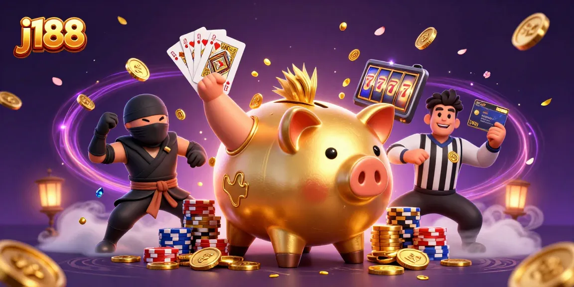 Join the fun at j188 with thrilling casino excitement, featuring a golden piggy bank wrestler and captivating games.