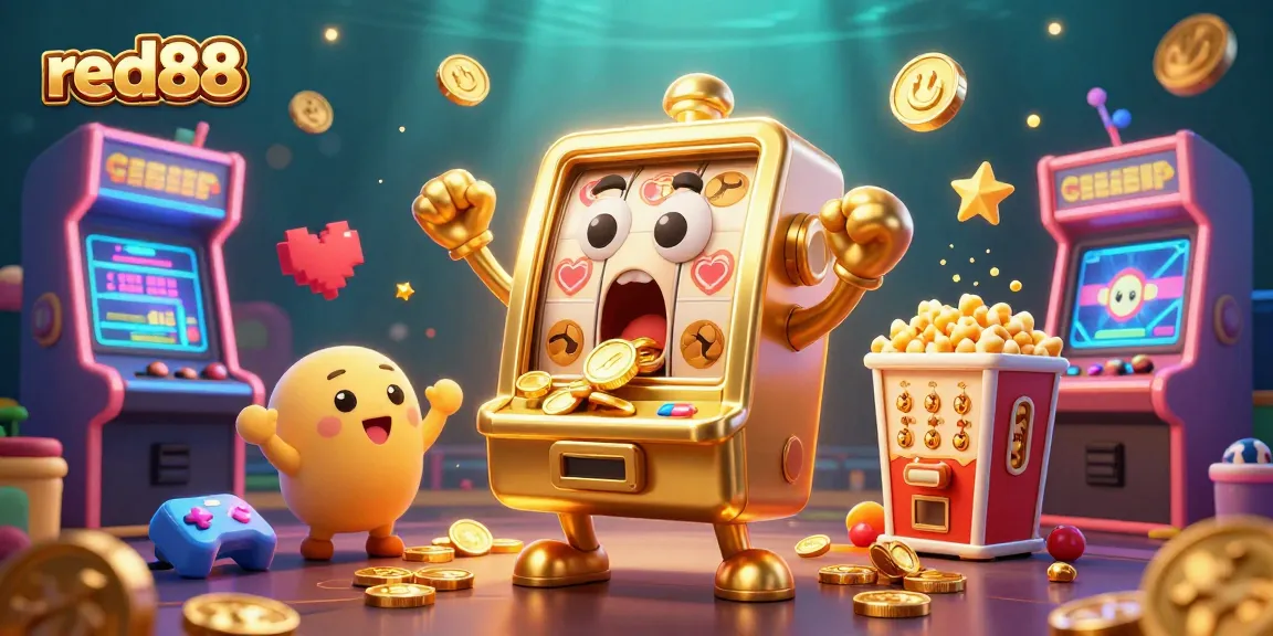 red88's golden slot machine wins jackpot, cheered by smaller slots and popcorn machine.