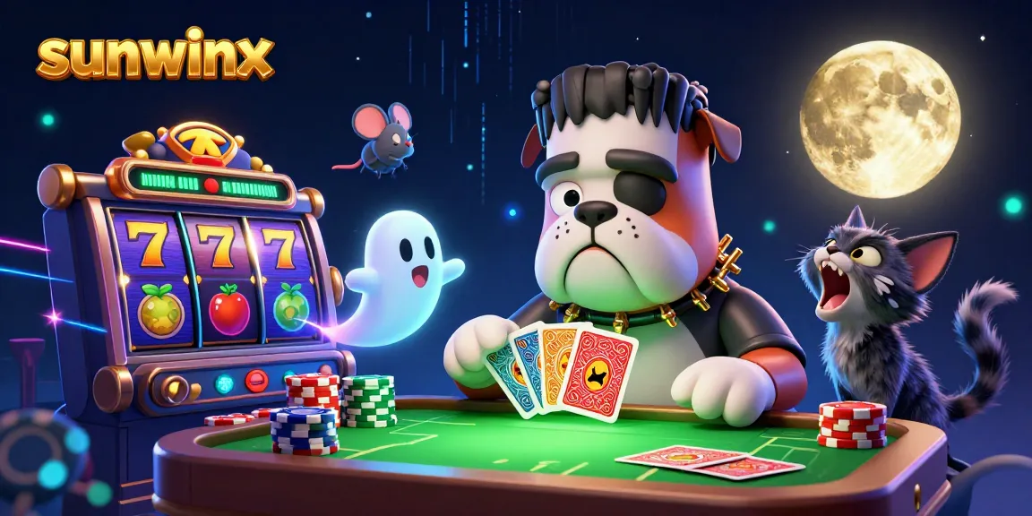 Engage players with sunwinx as Frankenstein bulldog deals cards at a captivating casino scene.