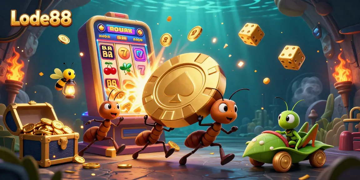 Lode88 ants carry a golden poker chip in a vibrant 3D casino heist scene with lively game elements.