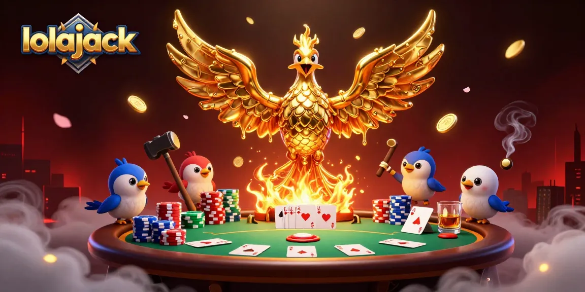 Lolajack casino-themed illustration featuring a golden phoenix and poker elements, showcasing thrilling gameplay.