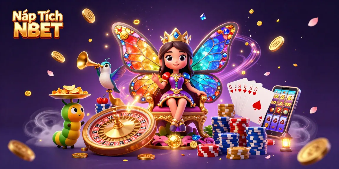 Nạp Tiền NBET with a vibrant 3D scene showcasing a butterfly queen, roulette wheel, and flying poker chips.