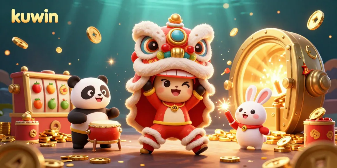 Experience the excitement of kuwin with a vibrant 3D casino illustration featuring dynamic slot elements, and lively characters.