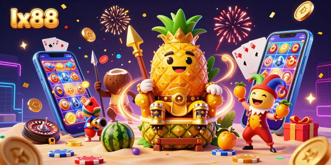 Experience exciting gameplay at lx88 with a dynamic scene of casino-themed characters, slot games, and festive atmosphere.