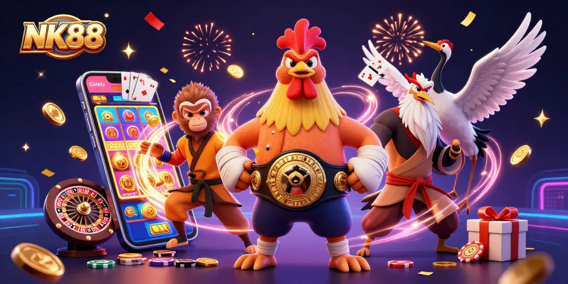 NK88 gameplay featuring a Muay Thai rooster, martial artists, and casino elements celebrating wins.