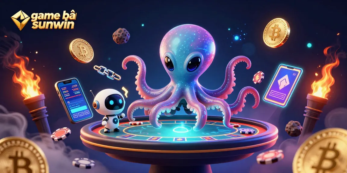 Engage in game bài sunwin with captivating 3D illustration featuring an alien octopus and poker elements.