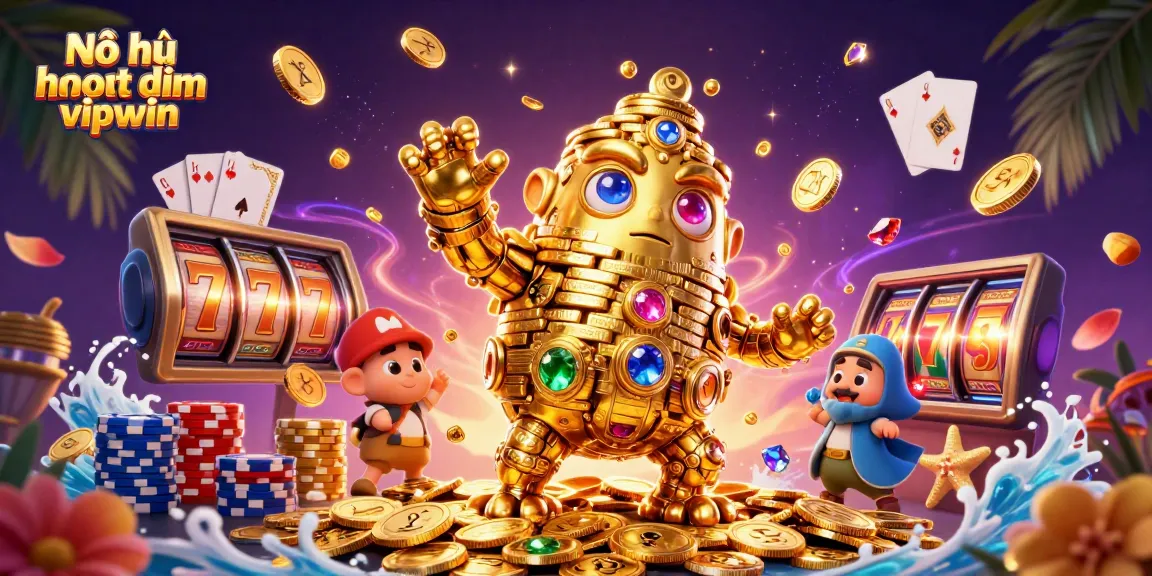 Nổ hũ hoàng kim vipwin showcases an ancient golden golem amidst spinning slot reels and cascading coins.