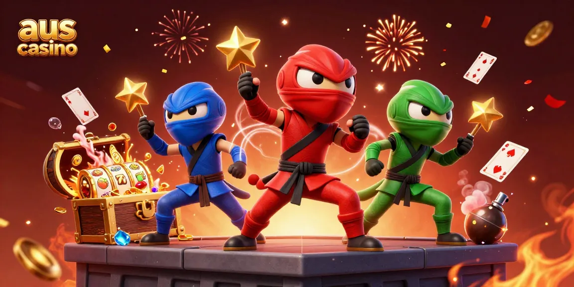 Synchronized ninja chameleons performing dazzling martial arts in an aus casino themed illustration with vibrant slot reels.