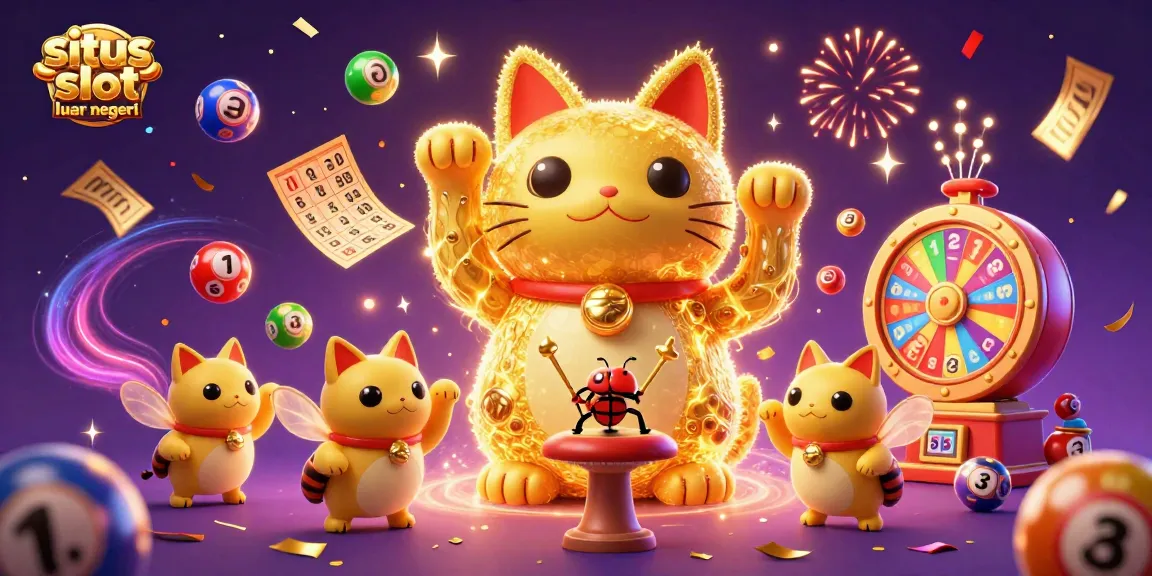 Experience the excitement of situs slot luar negeri with a vibrant lucky cat illustration amidst casino elements.