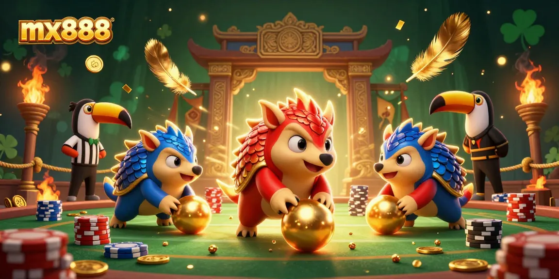 mx888 pangolins compete in a dynamic bowling style over poker chips in a thrilling casino scene.