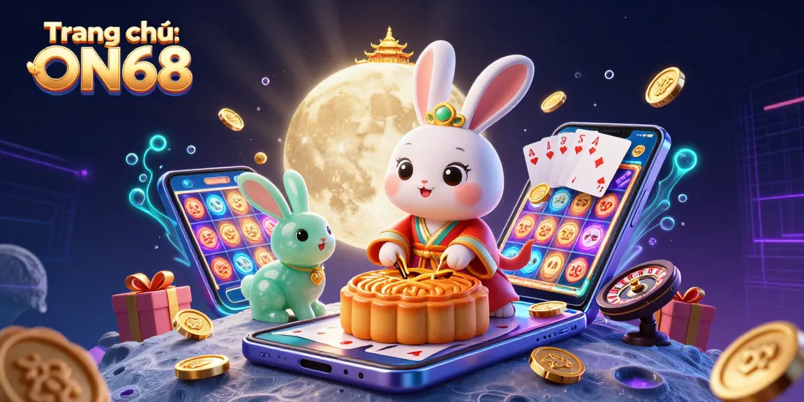 Engage in the world of gaming on Trang chủ ON68 with moon rabbit characters and casino elements.