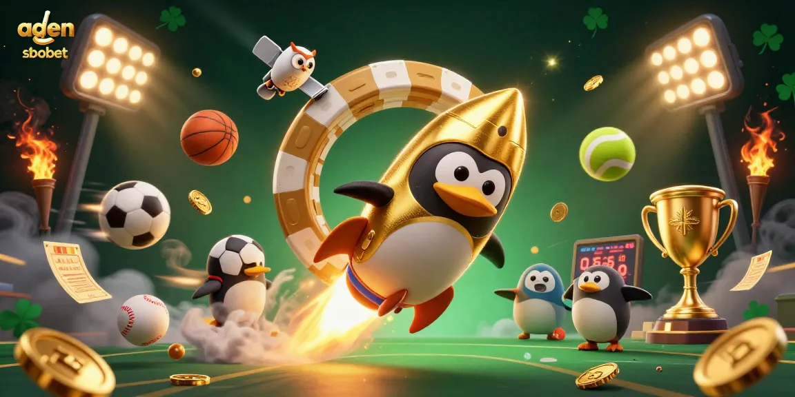 Bet on agen sbobet with excitement as golden penguins soar through a casino-themed space.