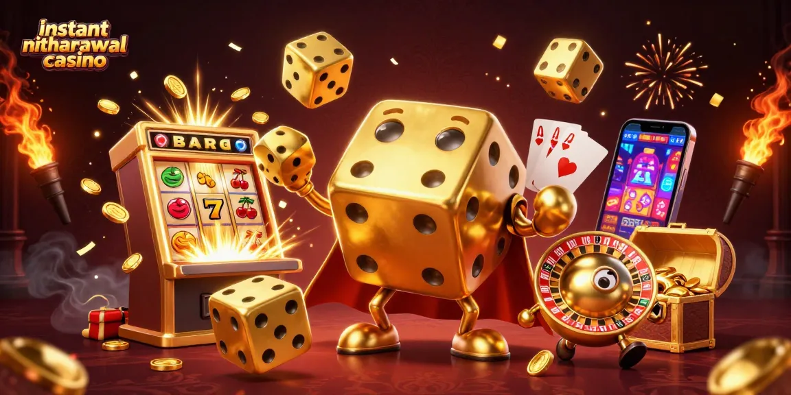 Experience instant withdrawal casino excitement with golden dice, a lively slot machine, and dynamic gaming elements.