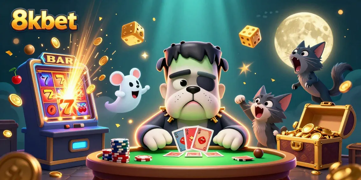 8xbet features a vibrant scene with a Frankenstein bulldog monster dealing cards, ensuring thrilling gaming.
