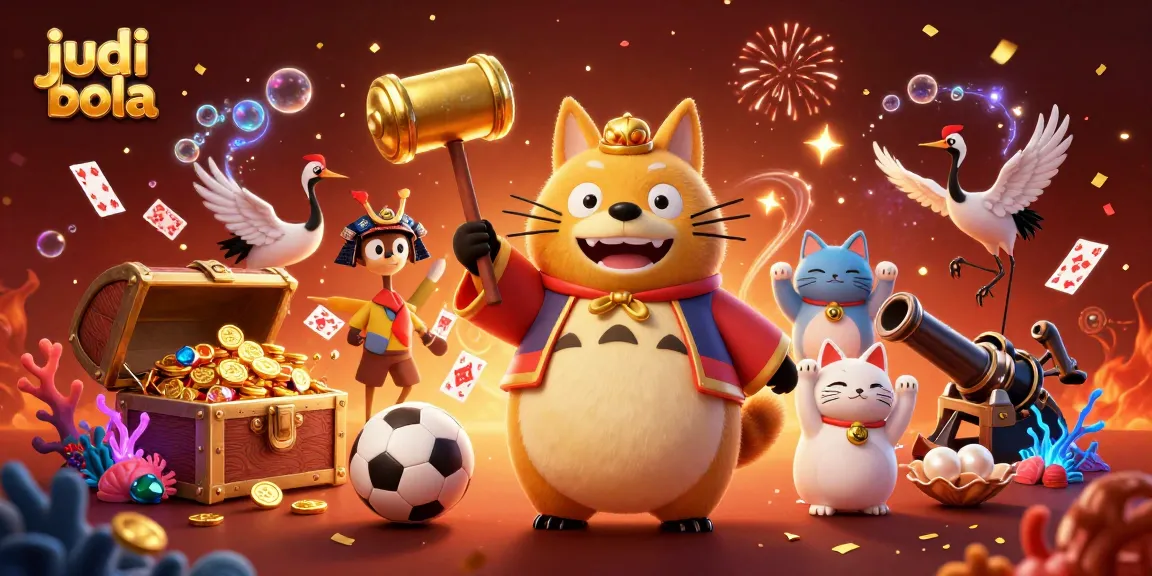 Bet on judi bola with a cheerful tanuki and lucky symbols of fortune in a vibrant scene